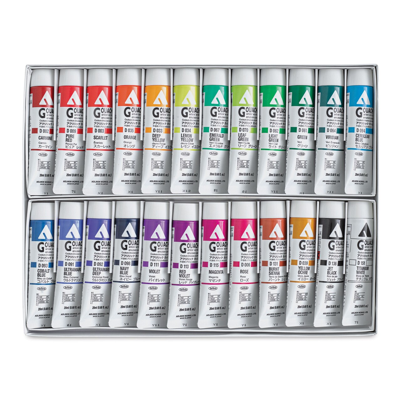 Holbein Acrylic Gouache - Set of 24, Assorted Colors, 20 ml Tubes